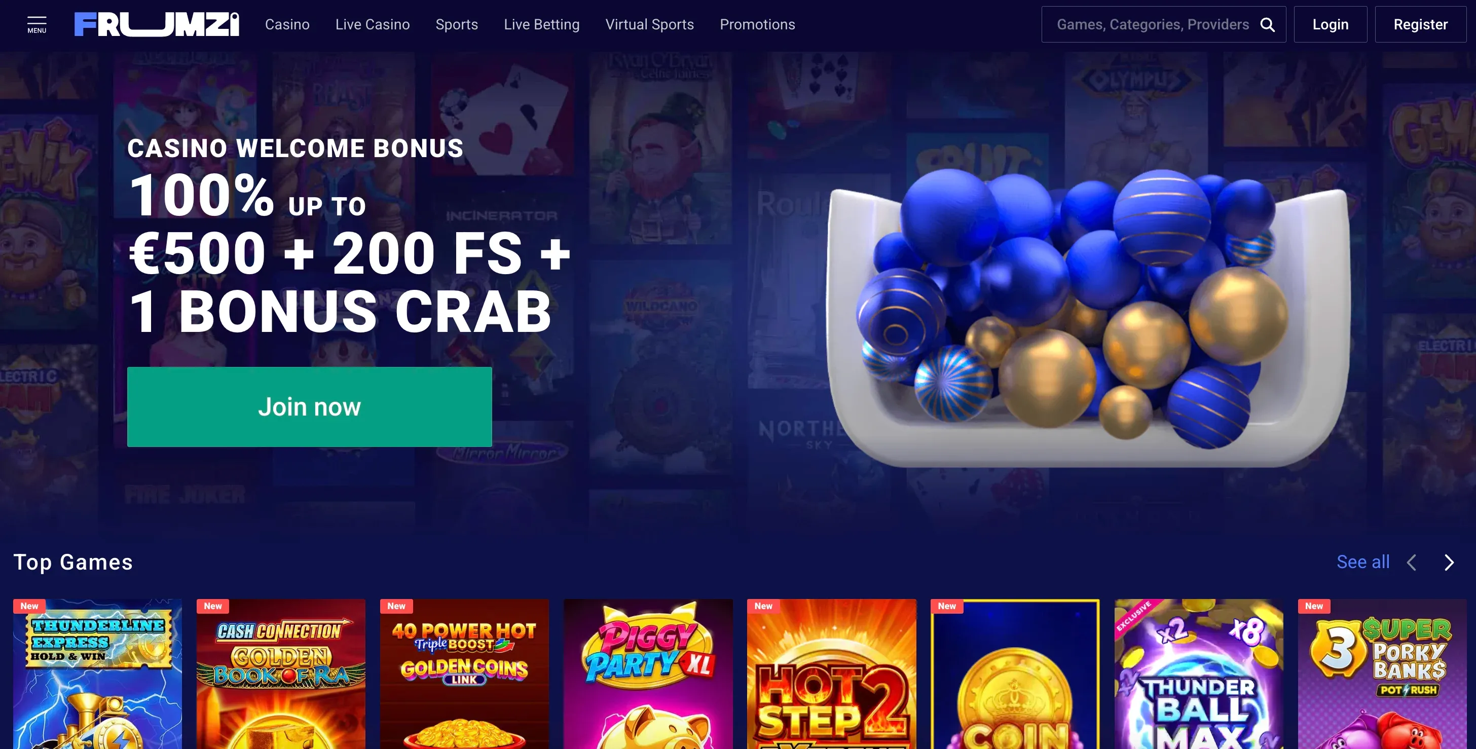 Homepage of Frumzi casino